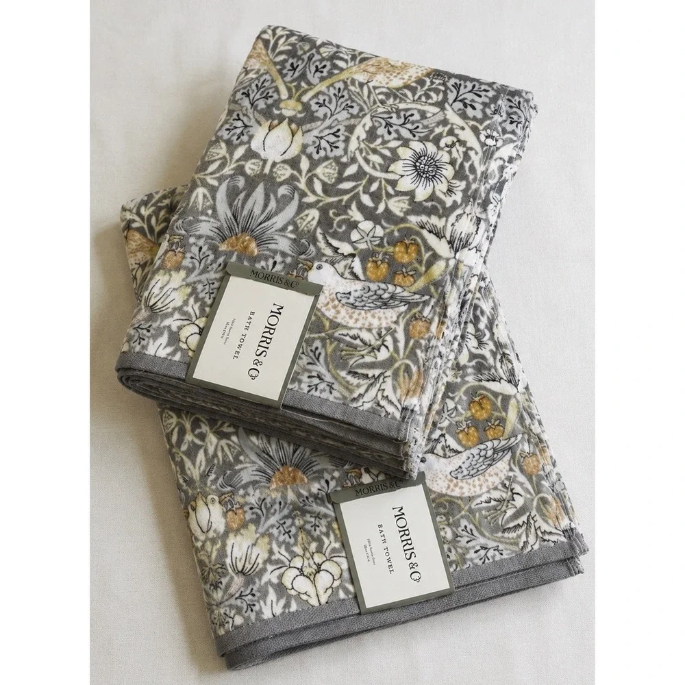 William Morris Co Strawberry Thief Clay Gray Velour 2 Pc Bath Towels Set NEW